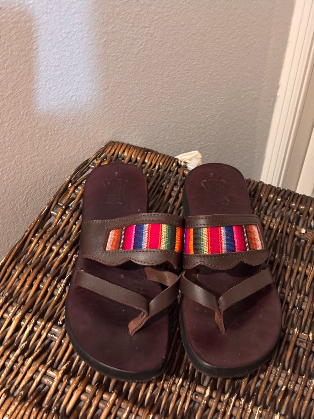 Handmade in Peru Genuine Leather Sandals with Colorful Woven Textile Strap
